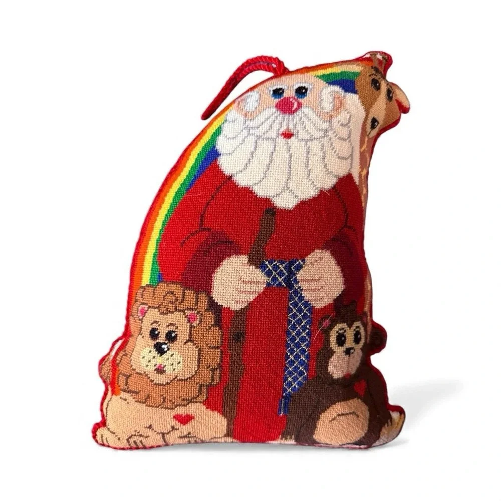 VTG Santa Christmas‎ Pillow Handmade Cross-Stitch Embroidered Holiday Rainbow
